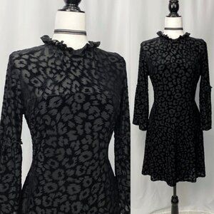 Lord & Taylor black bell sleeve leopard burnout velvet witchy mini dress large